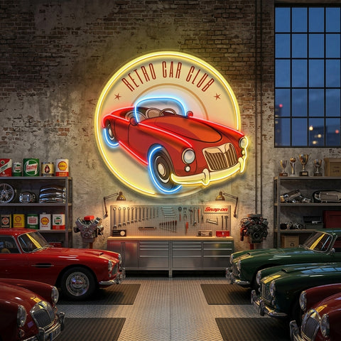 Vector Retro Car Label LED Neon Sign Light Pop Art