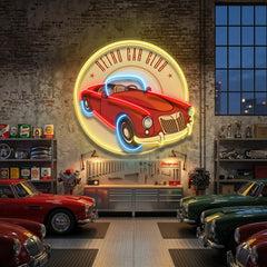 Vector Retro Car Label LED Neon Sign Light Pop Art