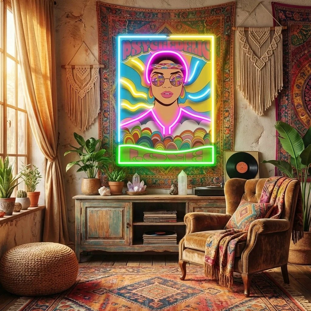 Vintage Hippie Woman Psychedelic Pop Art Led Neon Sign Light