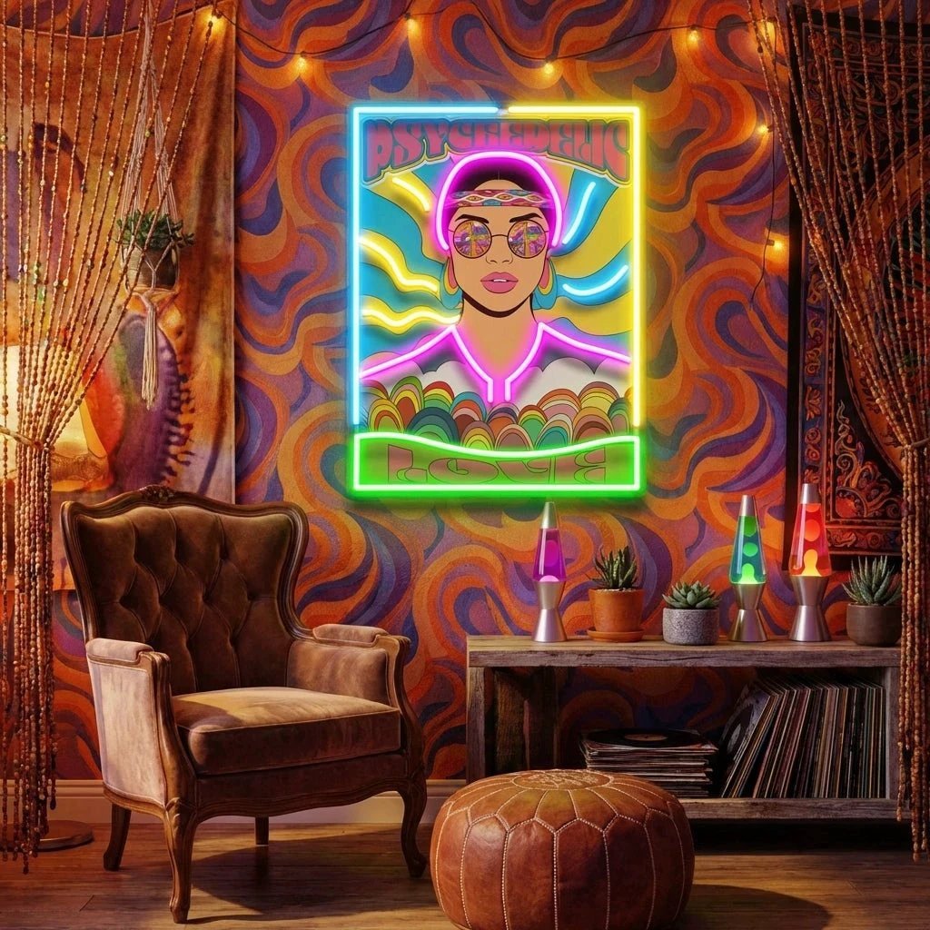 Vintage Hippie Woman Psychedelic Pop Art Led Neon Sign Light