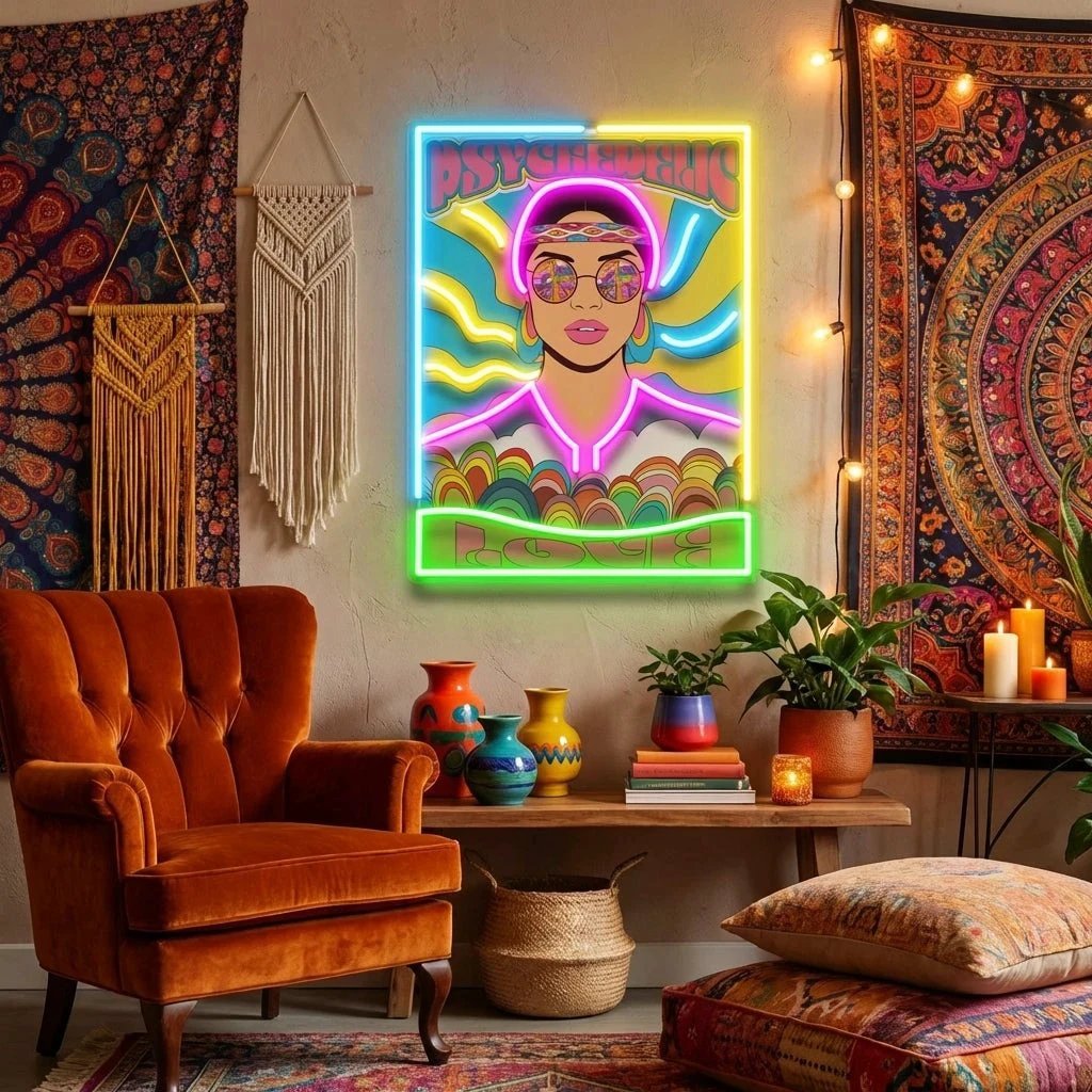 Vintage Hippie Woman Psychedelic Pop Art Led Neon Sign Light
