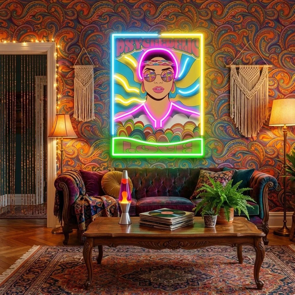 Vintage Hippie Woman Psychedelic Pop Art Led Neon Sign Light