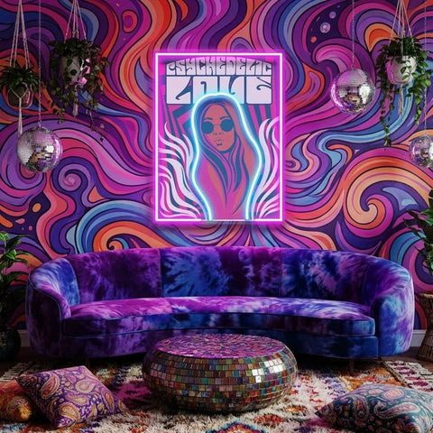Vintage Hippie Woman Psychedelic Pop Art Led Neon Sign Light