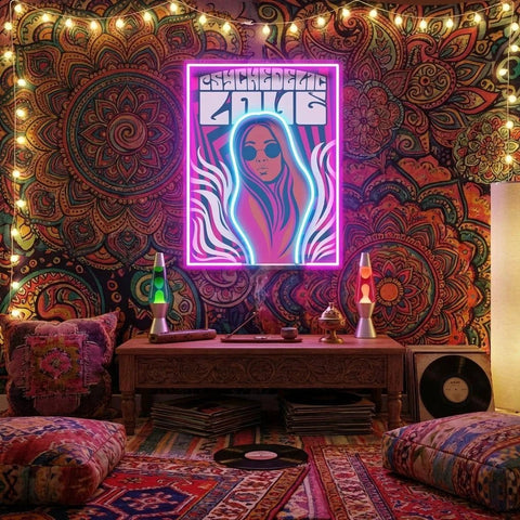 Vintage Hippie Woman Psychedelic Pop Art Led Neon Sign Light
