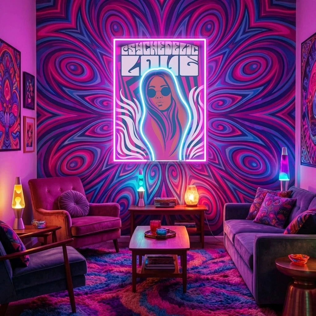 Vintage Hippie Woman Psychedelic Pop Art Led Neon Sign Light
