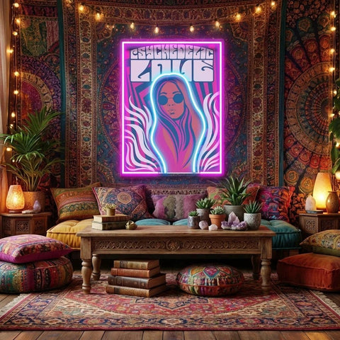 Vintage Hippie Woman Psychedelic Pop Art Led Neon Sign Light