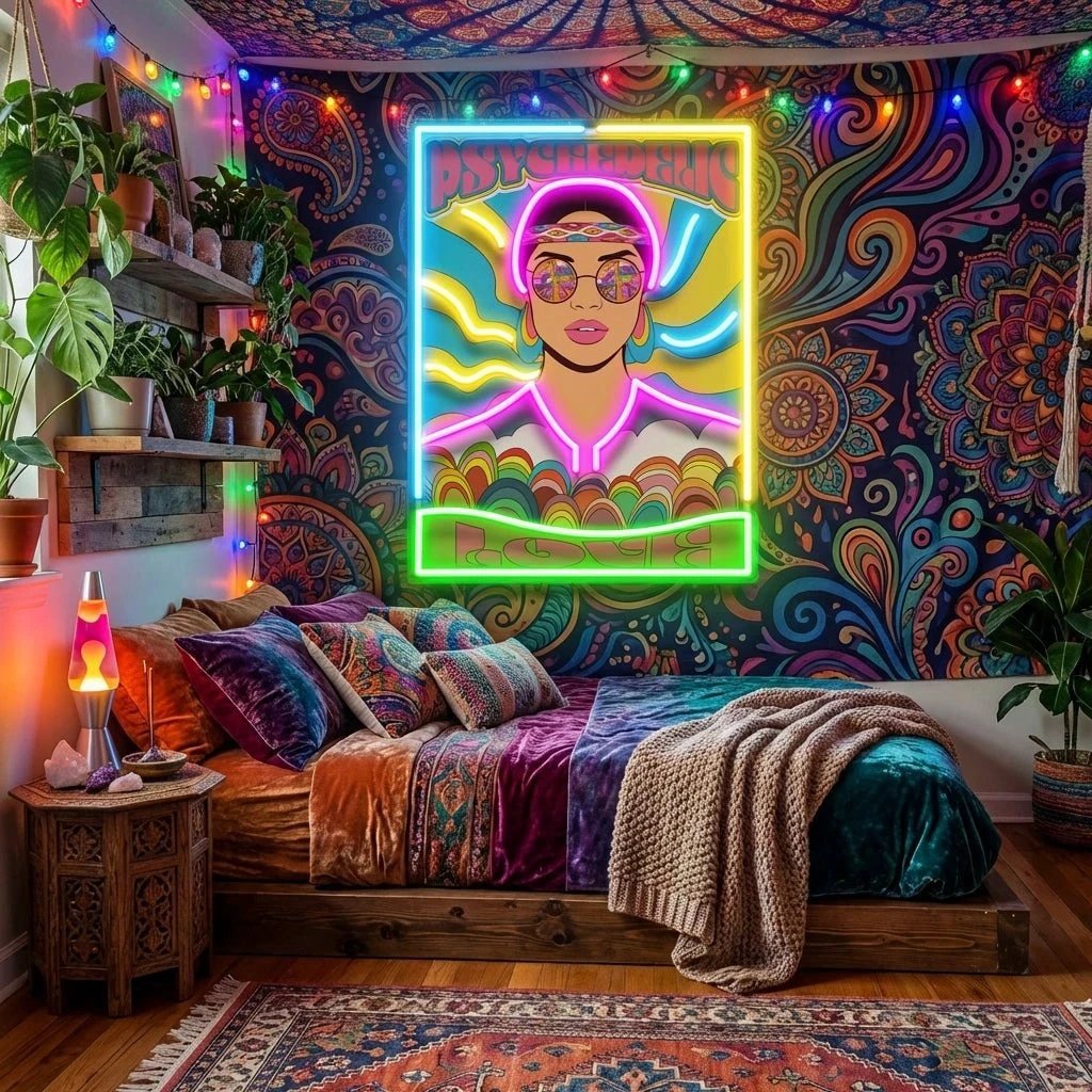 Vintage Hippie Woman Psychedelic Pop Art Led Neon Sign Light
