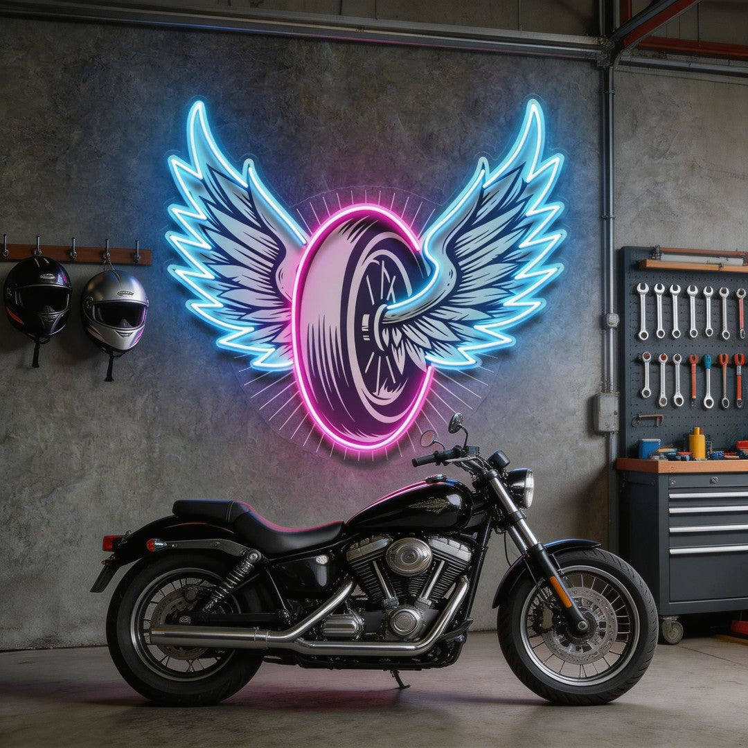 Vintage Biker Design With Winged Wheel LED Neon Sign Light Pop Art