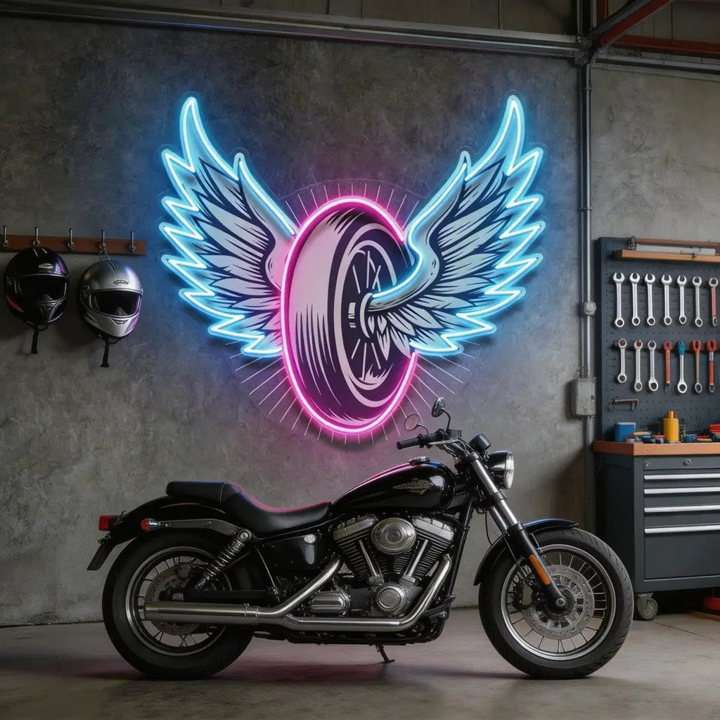 Vintage Biker Design With Winged Wheel LED Neon Sign Light Pop Art