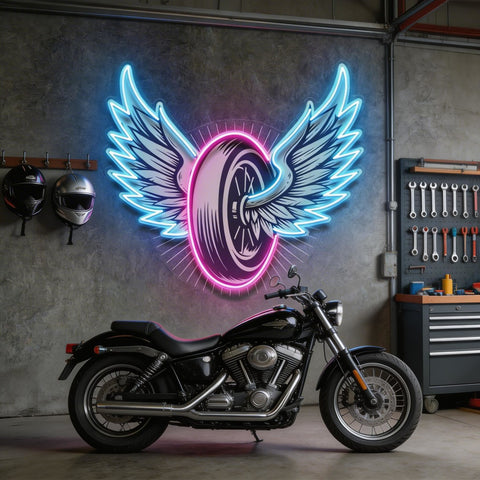 Vintage Biker Design With Winged Wheel LED Neon Sign Light Pop Art