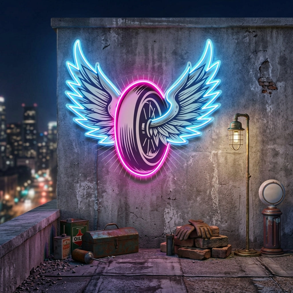 Vintage Biker Design With Winged Wheel LED Neon Sign Light Pop Art