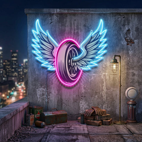 Vintage Biker Design With Winged Wheel LED Neon Sign Light Pop Art