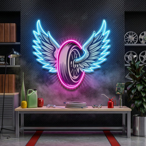 Vintage Biker Design With Winged Wheel LED Neon Sign Light Pop Art