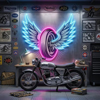 Vintage Biker Design With Winged Wheel LED Neon Sign Light Pop Art
