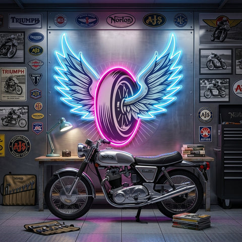 Vintage Biker Design With Winged Wheel LED Neon Sign Light Pop Art