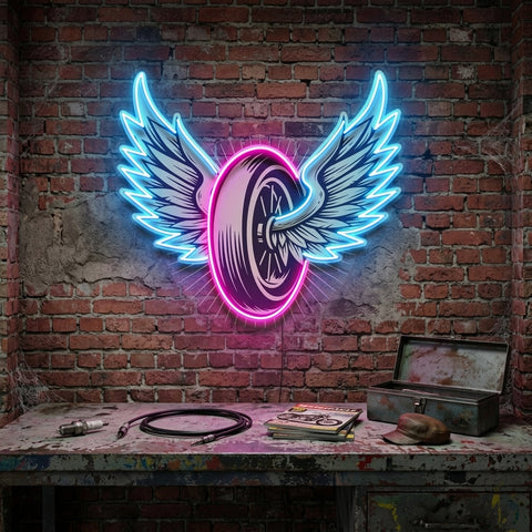 Vintage Biker Design With Winged Wheel LED Neon Sign Light Pop Art