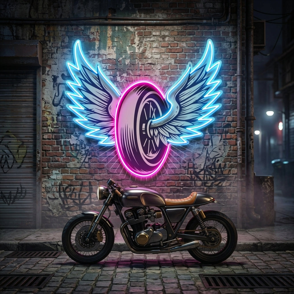 Vintage Biker Design With Winged Wheel LED Neon Sign Light Pop Art