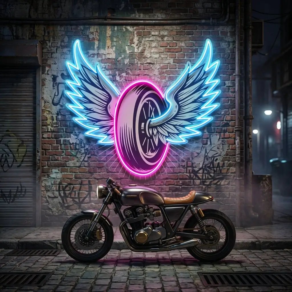 Vintage Biker Design With Winged Wheel LED Neon Sign Light Pop Art