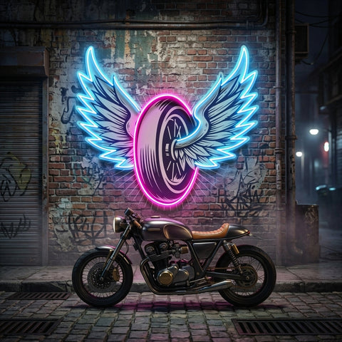 Vintage Biker Design With Winged Wheel LED Neon Sign Light Pop Art