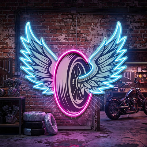 Vintage Biker Design With Winged Wheel LED Neon Sign Light Pop Art