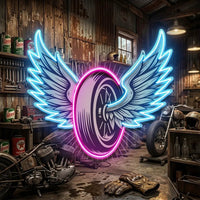 Vintage Biker Design With Winged Wheel LED Neon Sign Light Pop Art