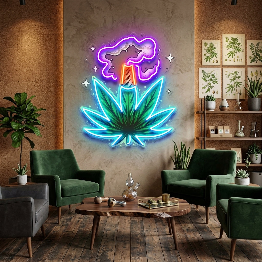 Weed Leaf With Smoke LED Neon Sign Light Pop Art