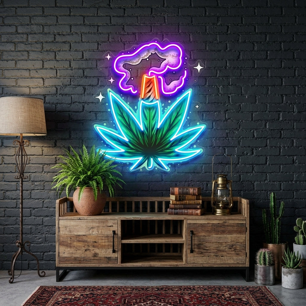 Weed Leaf With Smoke LED Neon Sign Light Pop Art