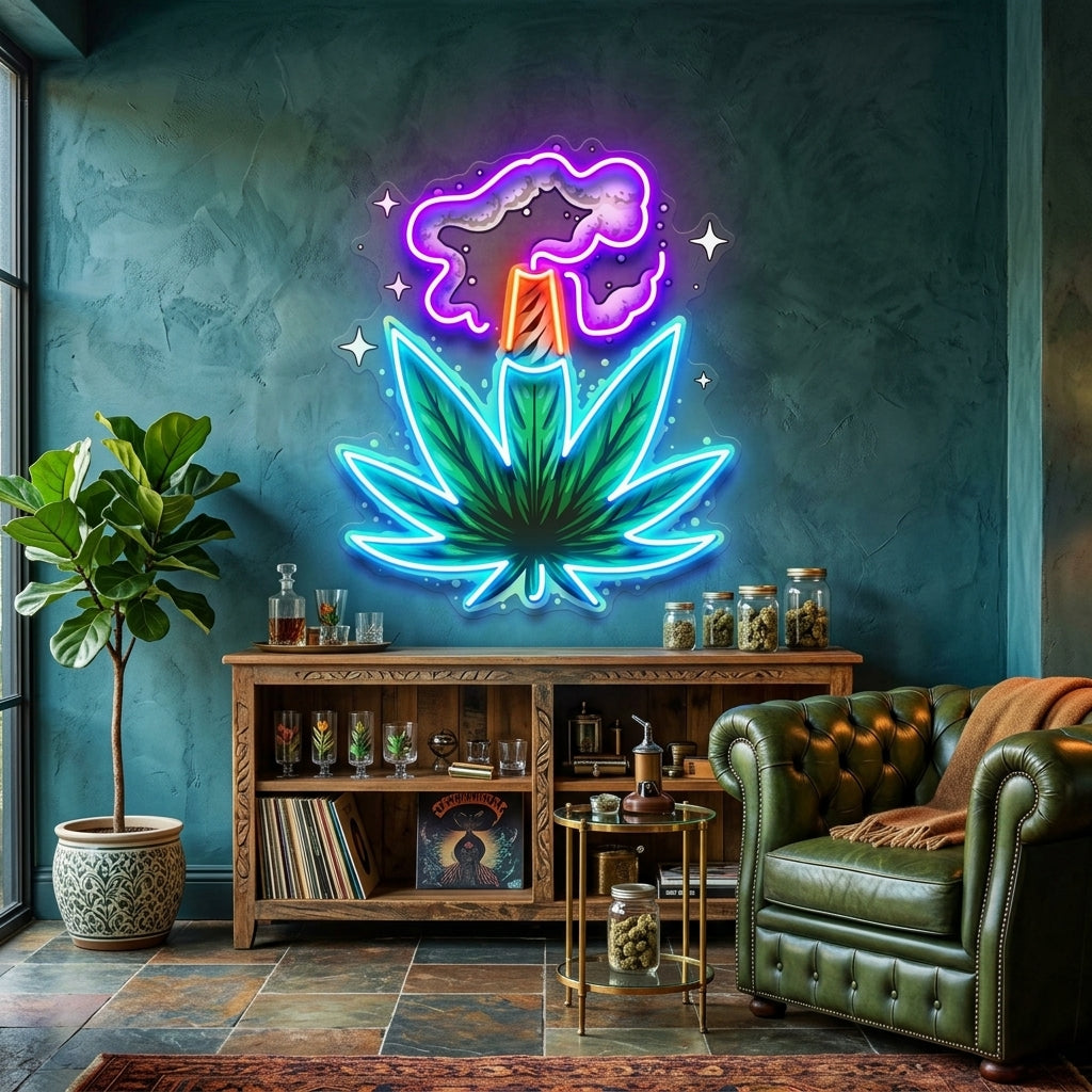 Weed Leaf With Smoke LED Neon Sign Light Pop Art