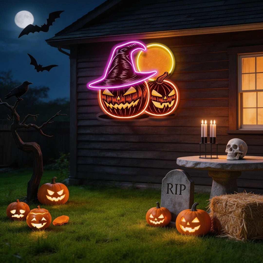 Witch And Moon Pumpkin Artwork Led Neon Sign Light