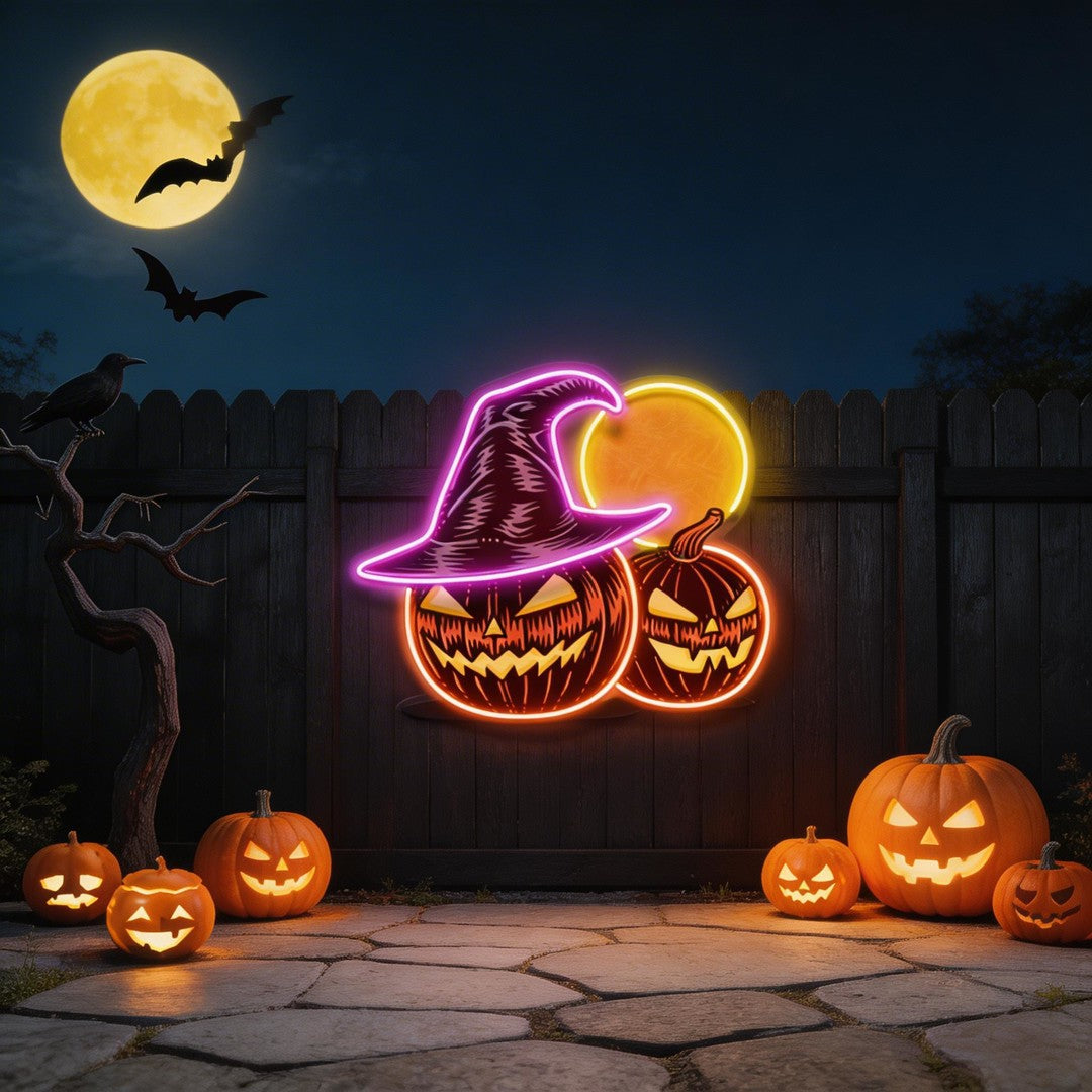 Witch And Moon Pumpkin Artwork Led Neon Sign Light