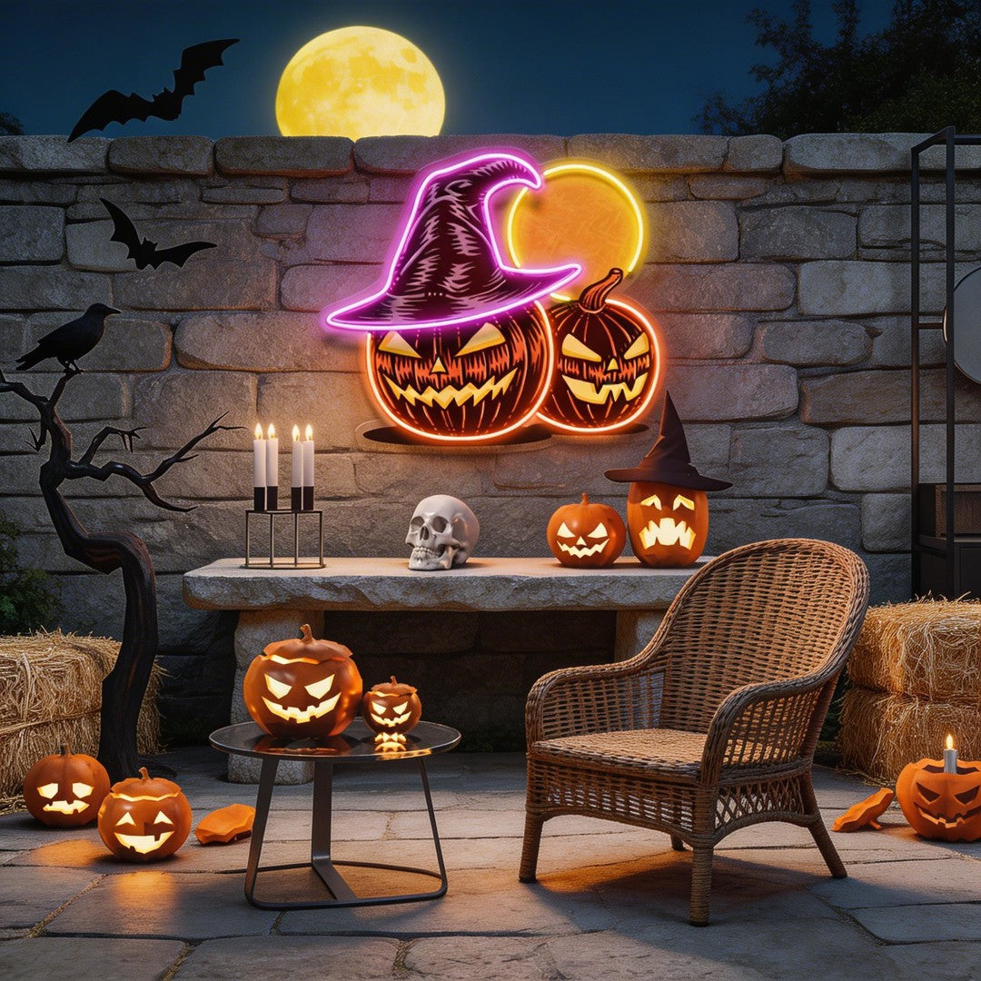 Witch And Moon Pumpkin Artwork Led Neon Sign Light