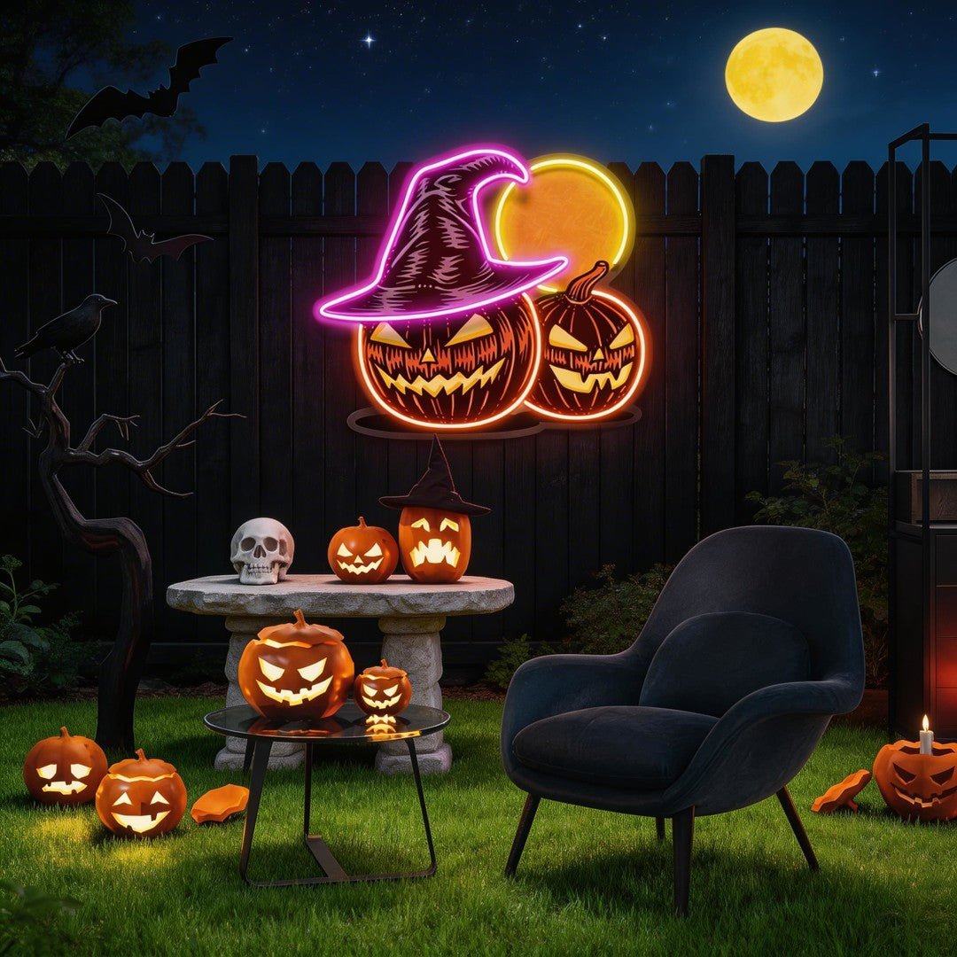 Witch And Moon Pumpkin Artwork Led Neon Sign Light