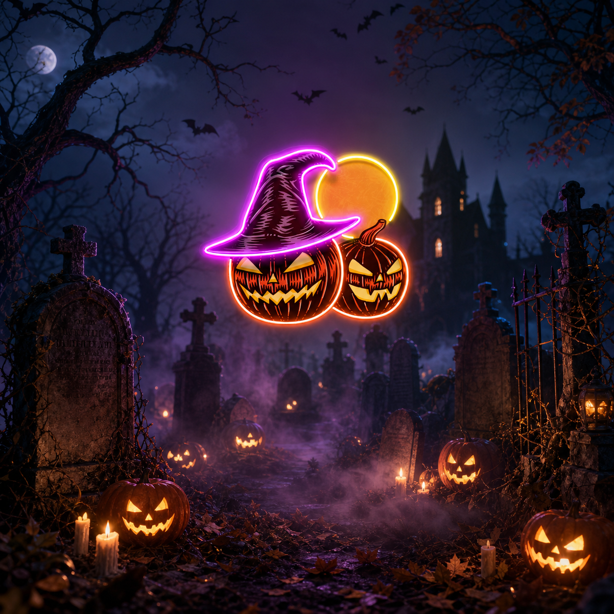 Witch And Moon Pumpkin Artwork Led Neon Sign Light