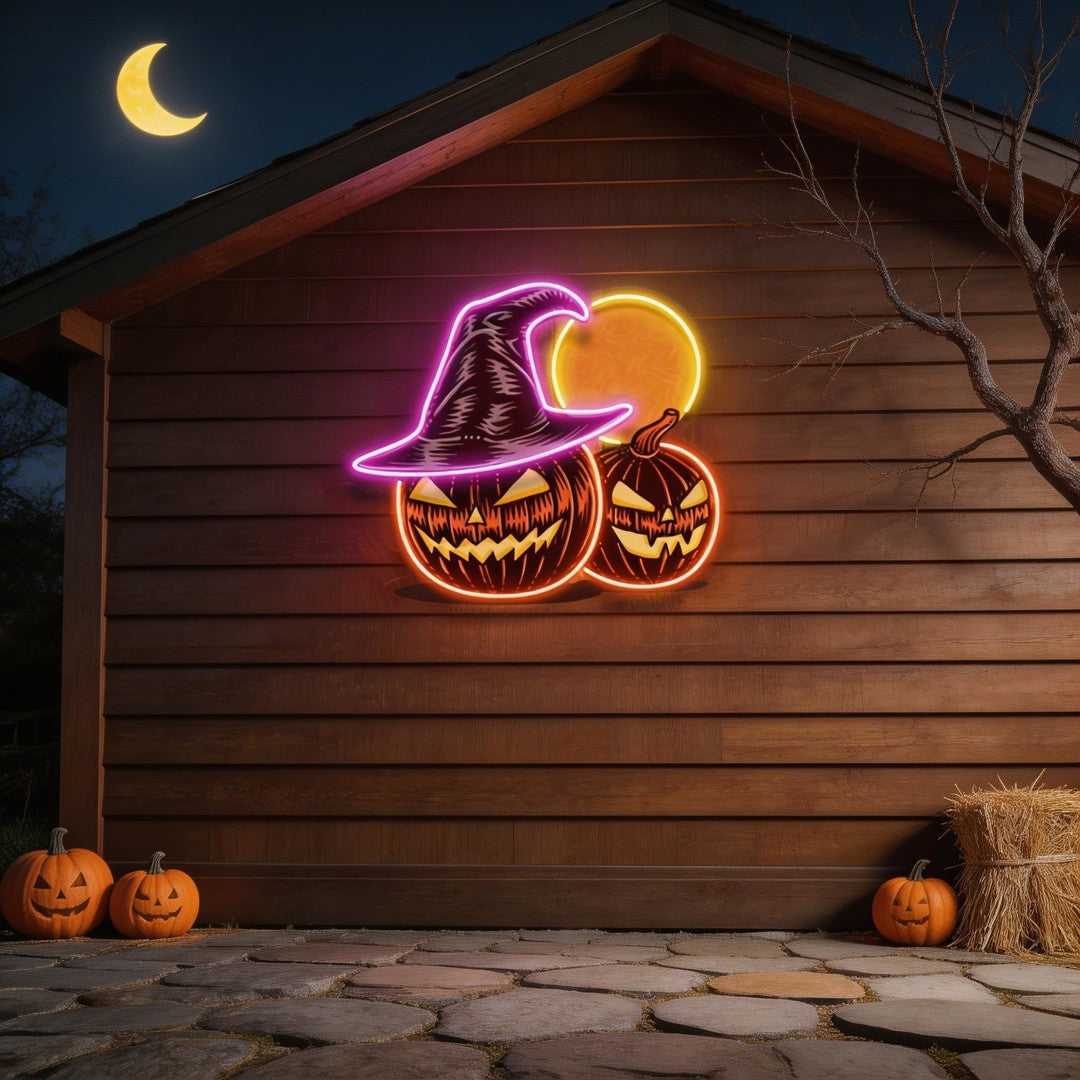 Witch And Moon Pumpkin Artwork Led Neon Sign Light