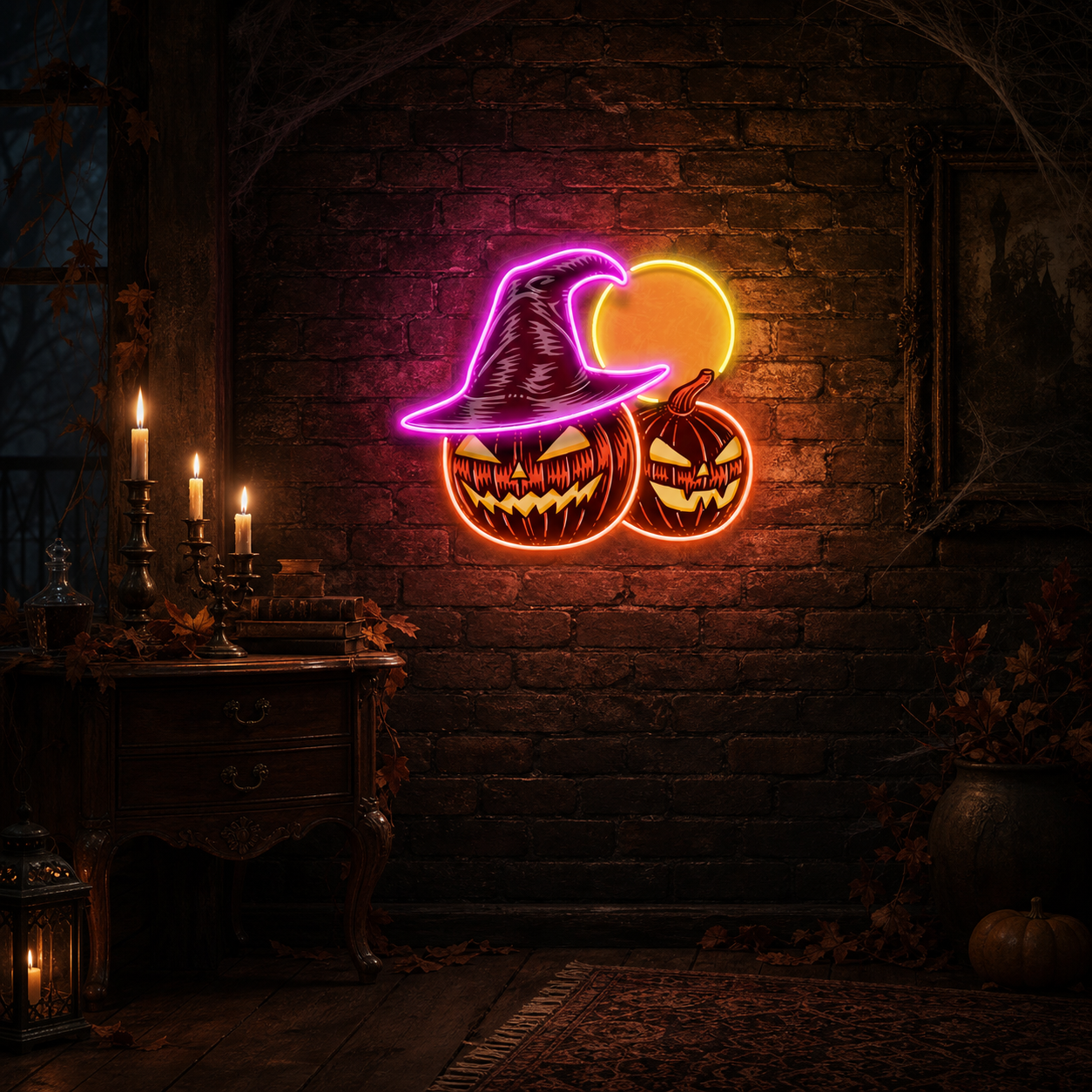 Witch And Moon Pumpkin Artwork Led Neon Sign Light