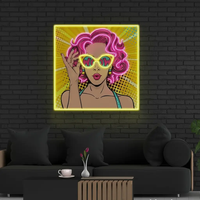 Wow Lady pop art neon sign with pink hair and yellow glasses on a dark brick wall above a sofa