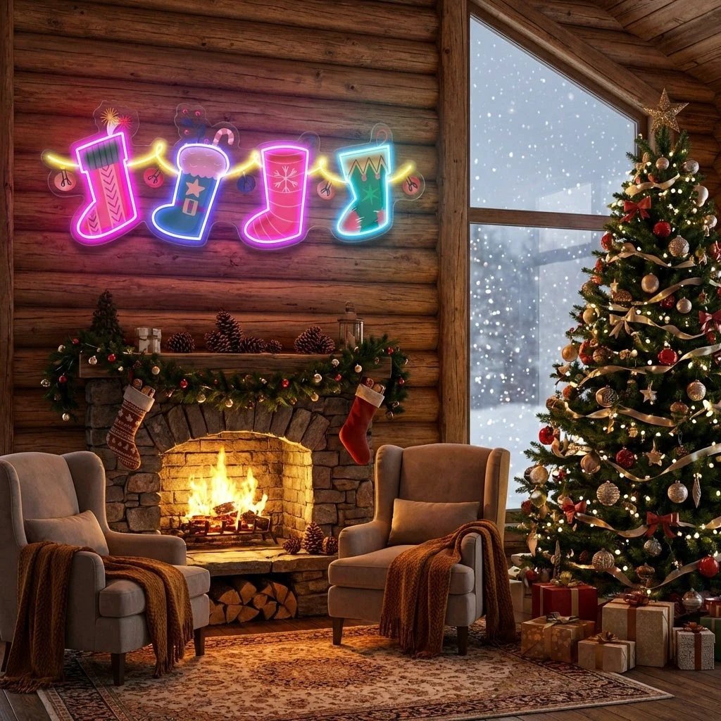 Xmas Socks Family Art Work Led Neon Sign Light