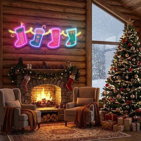 Xmas Socks Family Art Work Led Neon Sign Light