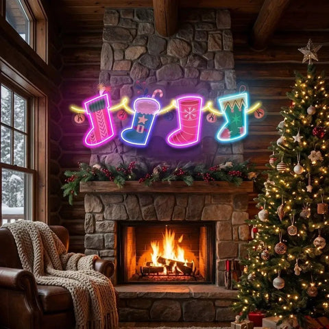 Xmas Socks Family Art Work Led Neon Sign Light