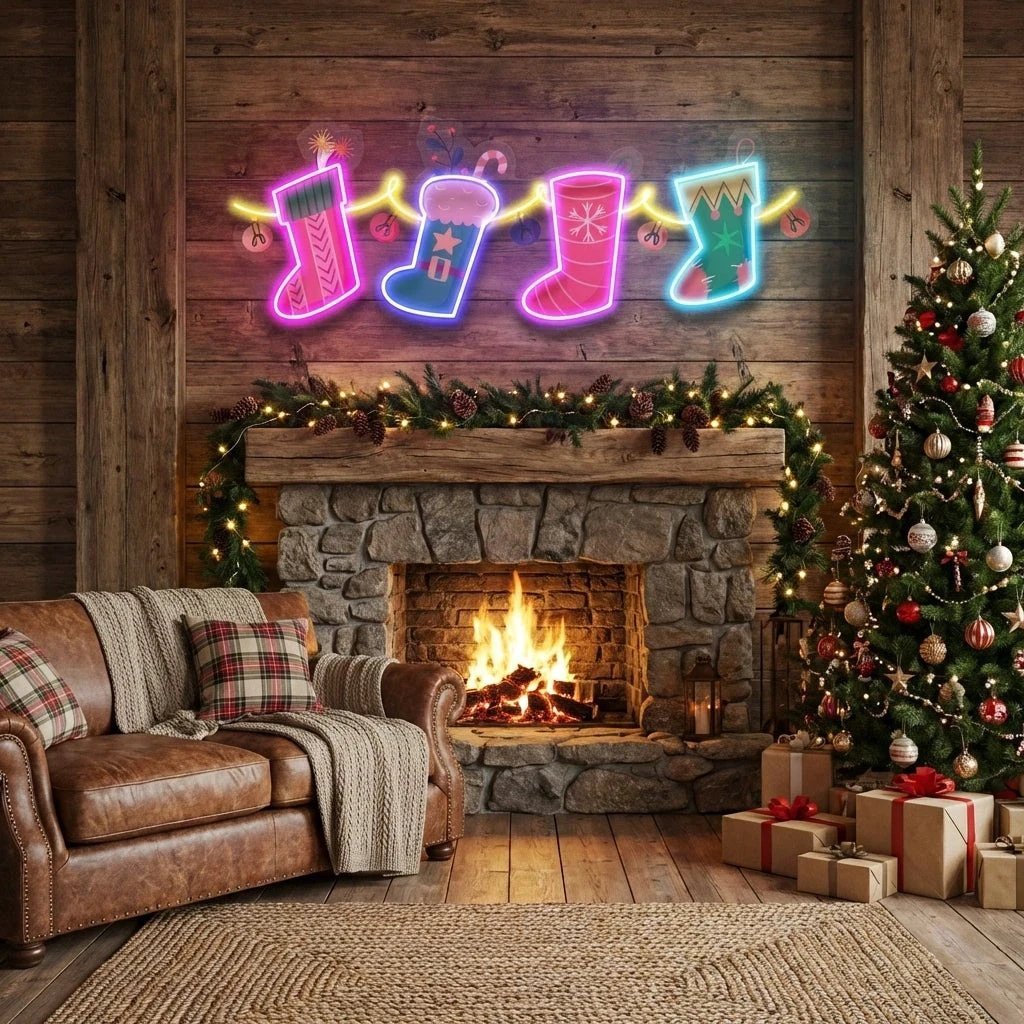 Xmas Socks Family Art Work Led Neon Sign Light