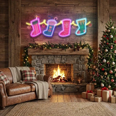 Xmas Socks Family Art Work Led Neon Sign Light