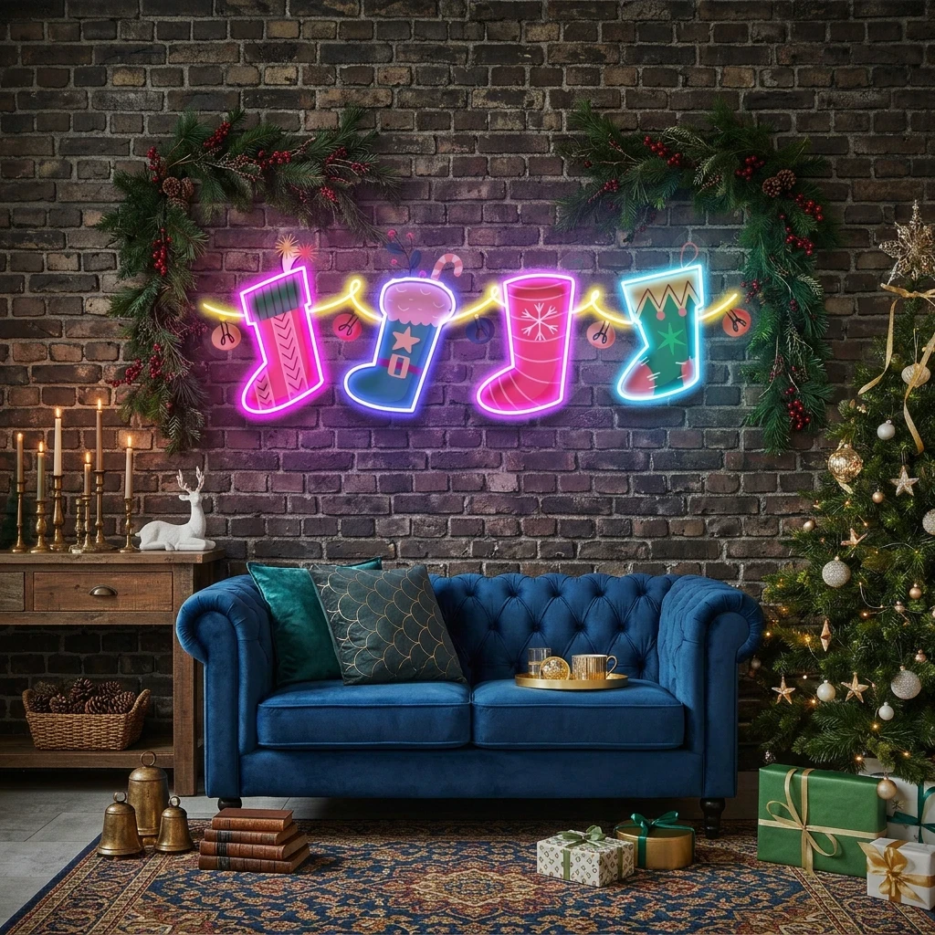 Xmas Socks Family Art Work Led Neon Sign Light
