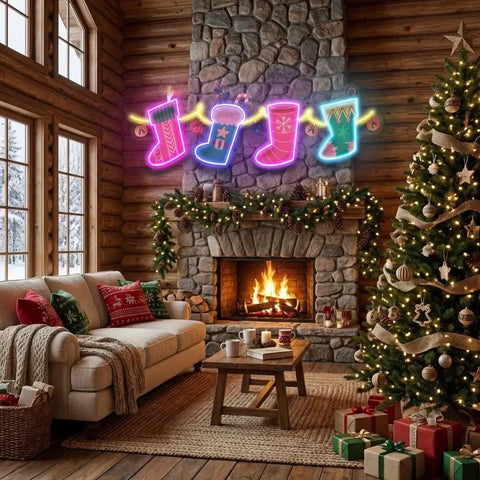 Xmas Socks Family Art Work Led Neon Sign Light
