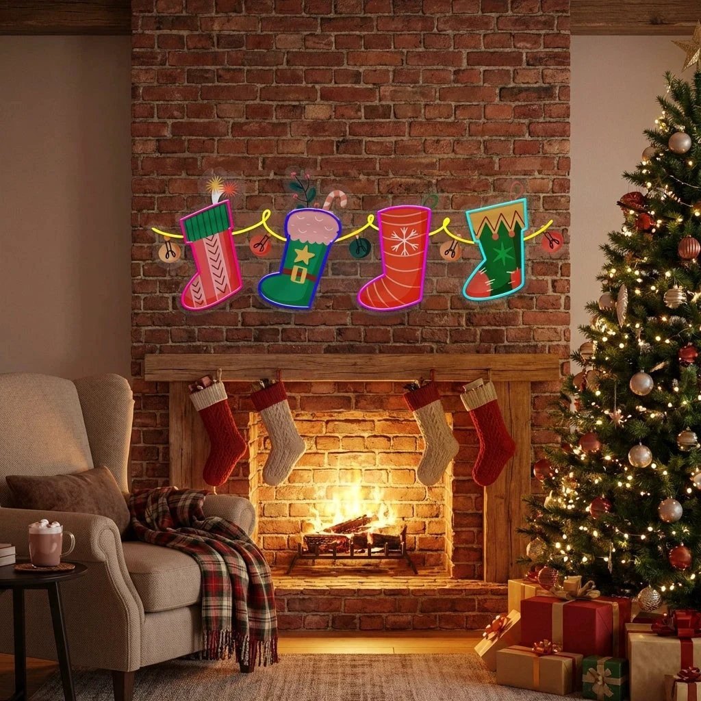 Xmas Socks Family Art Work Led Neon Sign Light
