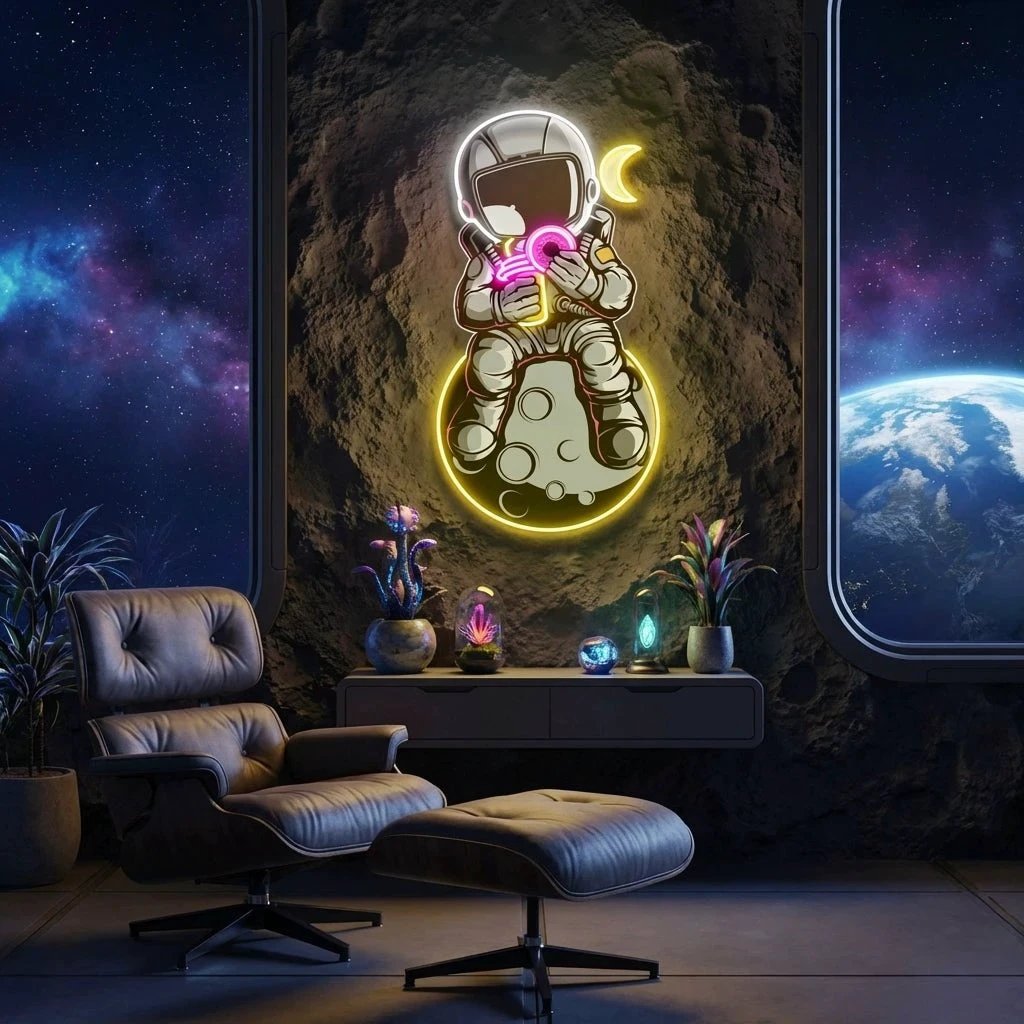 Astronaut With Donut And Coffee On Moon Artwork Led Neon Sign Light