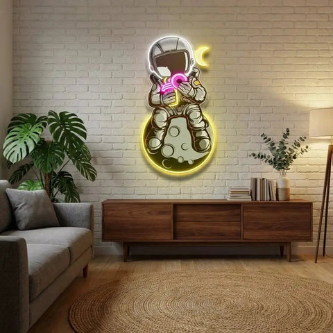 Astronaut With Donut And Coffee On Moon Artwork Led Neon Sign Light