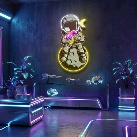 Astronaut With Donut And Coffee On Moon Artwork Led Neon Sign Light