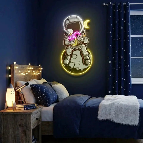 Astronaut With Donut And Coffee On Moon Artwork Led Neon Sign Light