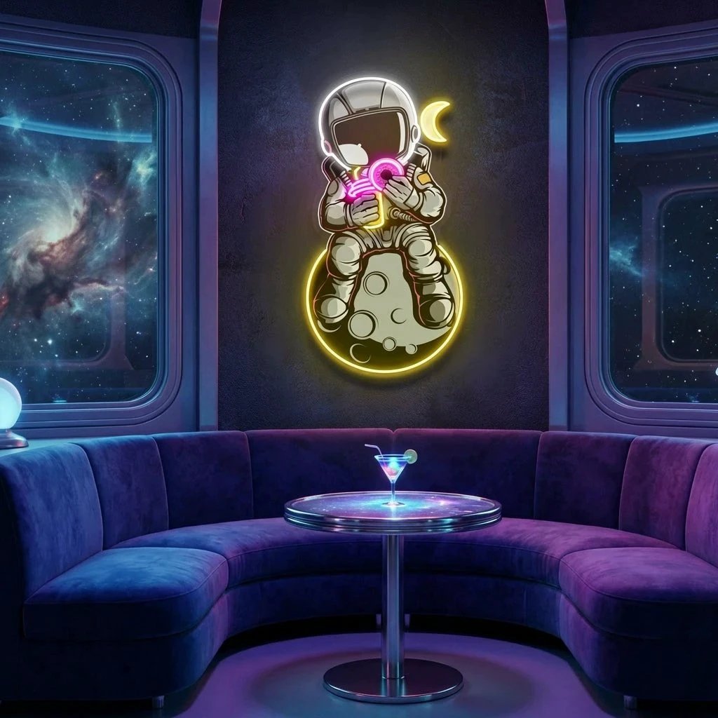 Astronaut With Donut And Coffee On Moon Artwork Led Neon Sign Light