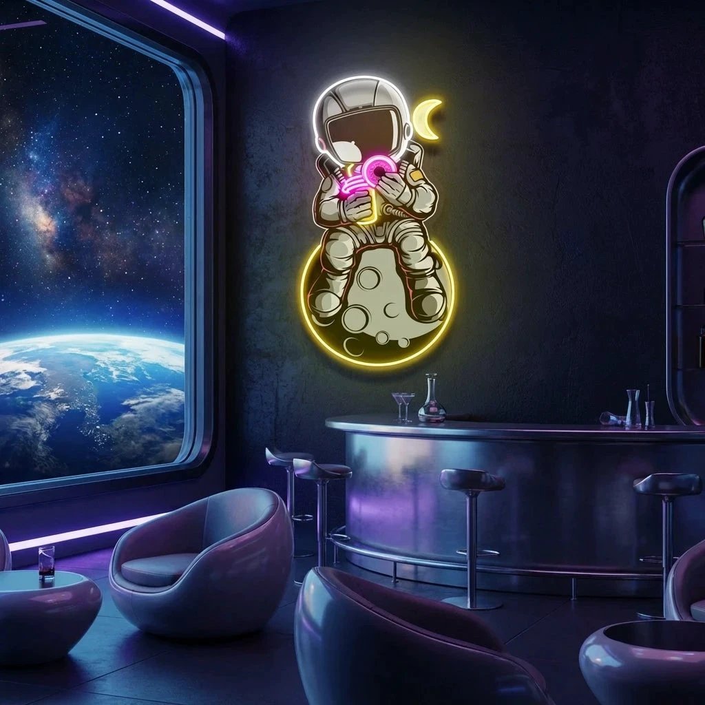 Astronaut With Donut And Coffee On Moon Artwork Led Neon Sign Light